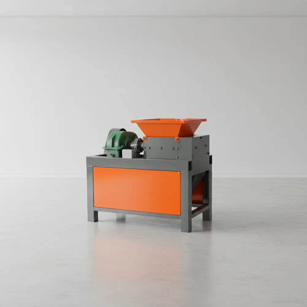 Processing HDPE plastic with a high-torque industrial shredder for uniform particle size reduction.